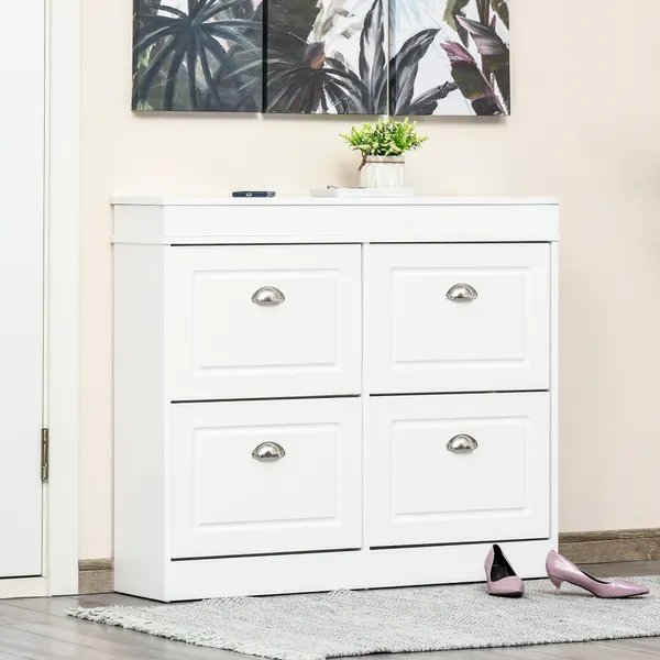 Móvel Sapateiro de 4 Portas Sapateiro Estreito com Prateleiras Ajustáveis e Removíveis Capacidade de 16 Pares para Corredor Entrada 98x24x83cm Branco