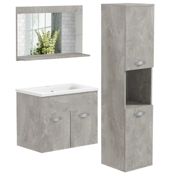 Conjunto de Móveis para Casa de Banho de Parede 3 Peças Inclui Espelho com Prateleira Móvel com Lavatório Cerâmico e Coluna de Casa de Banho Estilo Moderno Cinza