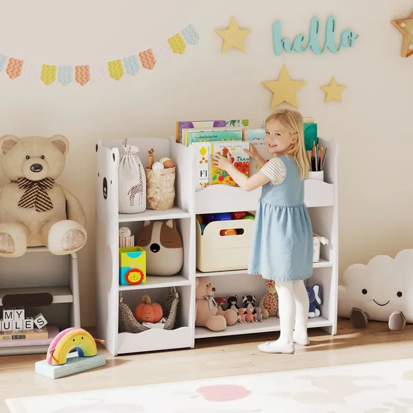 Estante Infantil para Brinquedos 5 Prateleiras Abertas 2 Compartimentos Design de Ursinho Organizador de Brinquedos para Quarto Sala de Brincadeiras Creche Branco