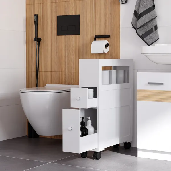 Móvel Auxiliar Casa de Banho Móvel Casa de Banho para Espaços Reduzidos com 4 Rodas Prateleira Aberta e Gavetas 16x52x71,5 cm Branco