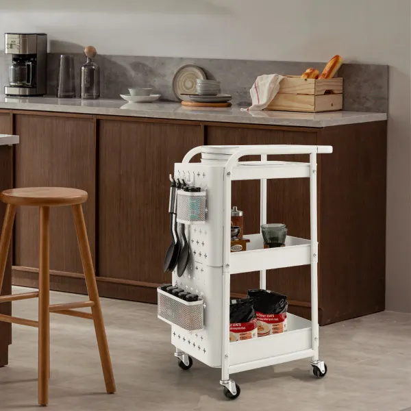 Carrinho Organizador 3 Níveis com 2 Prateleiras de Madeira, 2 Cestos e 4 Ganchos 52x33x75cm