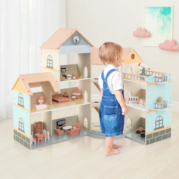 Maison de Poupées d'Angle en Bois 3 Étages 6 Pièces avec 41 Meubles
