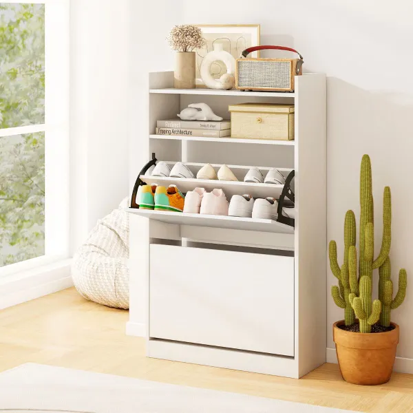 Gabinete para Zapatos con 2 Cajones Abatibles con Almacenamiento Abierto 60x24x102cm Blanco