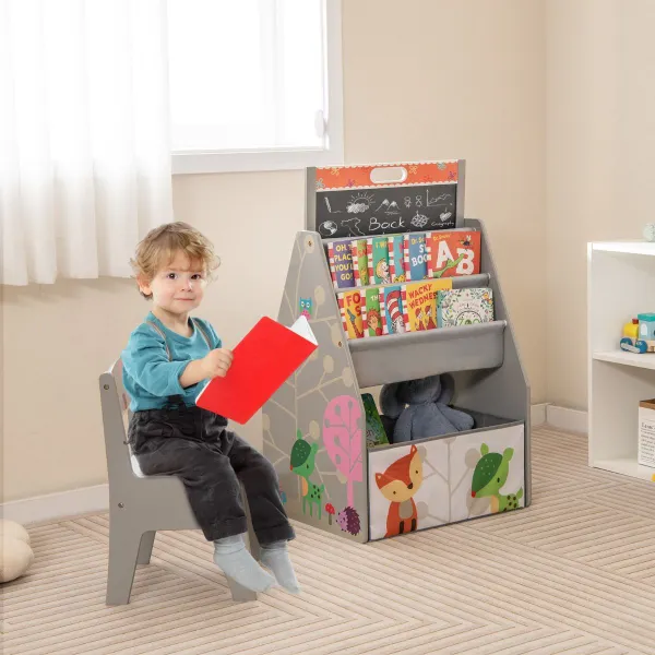 Mesa e Cadeira Infantil com 2 Contentores de Tecido, Quadros Magnéticos e Lousa Branca