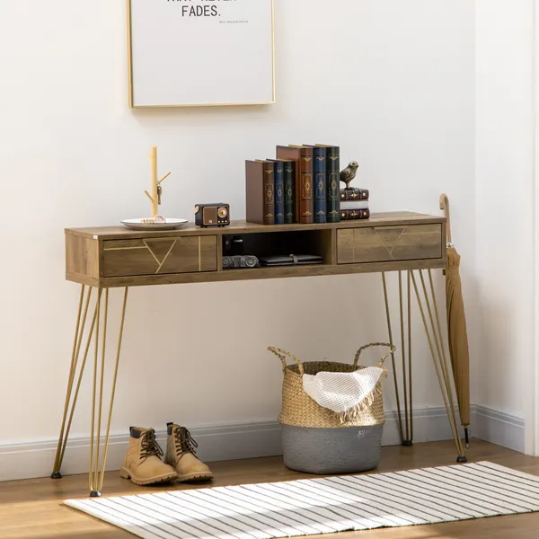 Consola móvil de entrada con 2 Gavetas Prateleira Abierta y Pés de Acero para Sala de Estar Corredor Estilo Moderno 120x29x79cm Madeira y Bronce