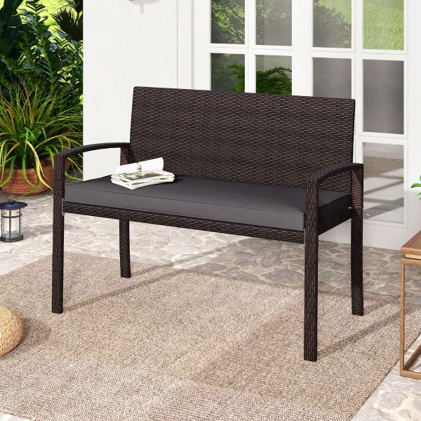 Sofá de 2 Lugares em Vime com Almofada Acolchada para Pátio 110x56x84cm