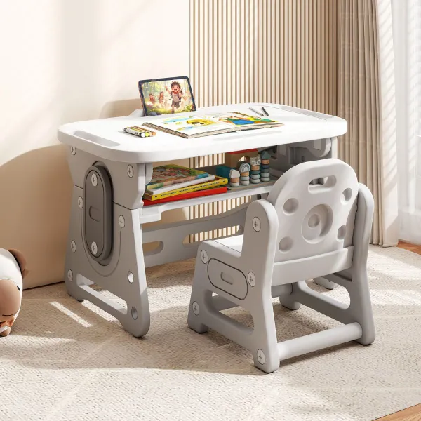 Conjunto Mesa e Cadeira Infantil com Quadro Inclinado e Prateleira 3+ Anos Cinzento