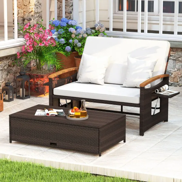 Canapé-Lit Rotin Terrasse 2 Places Pouf Rangement Dossier 4 Positions