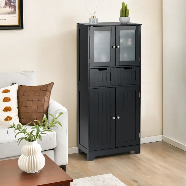 Armário de Arrumação de Piso com 4 Portas Gabinete Casa de Banho 2 Gavetas 60x30x128cm Preto