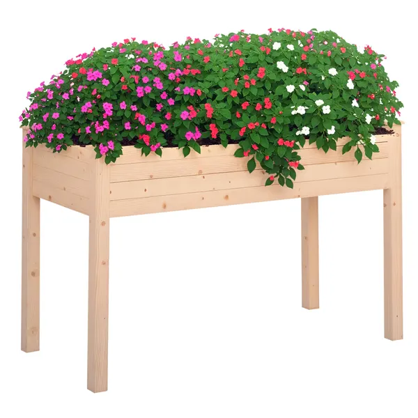 Horta Elevada de Madeira 122,5x56,5x76cm Mesa de Cultivo com Tecido não Tecido e 4 Orifícios de Drenagem para Cultivo de Plantas e Flores Madeira