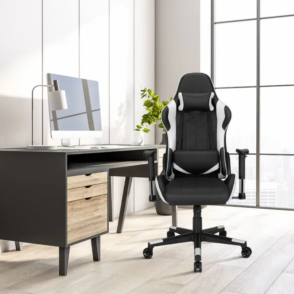 Cadeira de Gaming Giratória Ergonómica Reclinável Estilo Corrida Branca e Preta