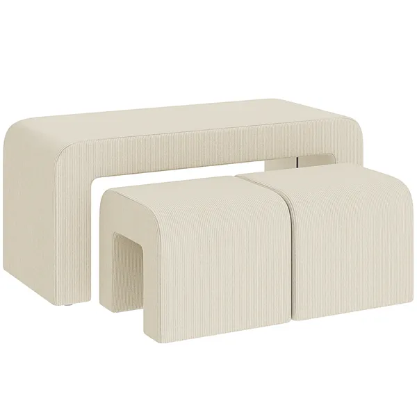 Conjunto de 3 Bancos Grande e 2 Pequenos Bancos Modernos em Veludo Design Compacto para Sala Entrada Corredor Quarto 104x44x48 cm Creme