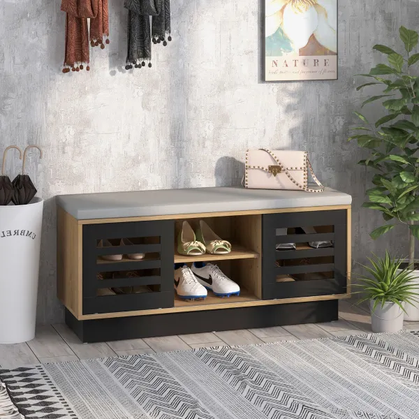 Banco Zapatero con Asiento Acolchado 6 Compartimentos 3 Estantes Ajustables 99,5x34,5x46cm