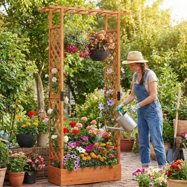 Jardineira Elevada Abeto com Enrejado e Tecto Suspenso 110x35x227cm Laranja