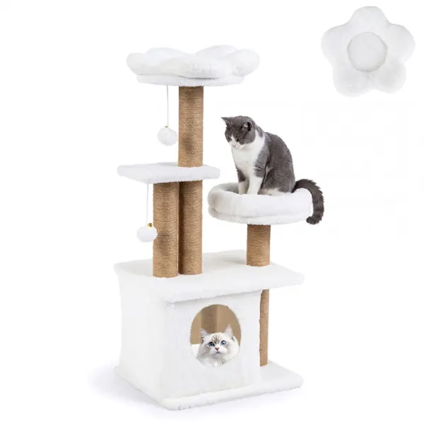 Torre per Gatti con Pollaio a Fiore Imbottito Letto Condominio e 2 Palline Sospese Beige