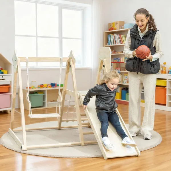 Escorrega Infantil 5 em 1 Estrutura de Escalada de Madeira com Escorrega Baloiço Cesto de Basquetebol Prancha Rede de Escalada Parque Dobrável para Crianças de 3-6 Anos 140x172,5x116,5 cm Madeira