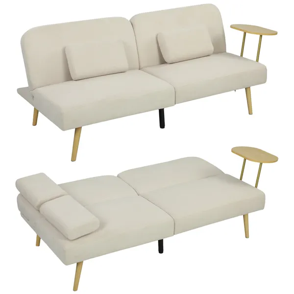 Sofá Cama de 3 Lugares com Mesa Auxiliar 3 em 1 Conversível com Encosto Ajustável Abertura Click-Clack 2 Almofadas para Apoio de Braços e Pés de Metal 196x86x81 cm Bege
