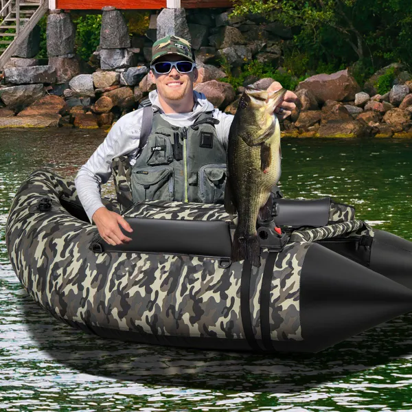Tubo Flotador Inflable de Pesca con Aletas Regla para Peces Soporte para Caña Bolsillos Bomba Respaldo Ajustable Carga 150 kg