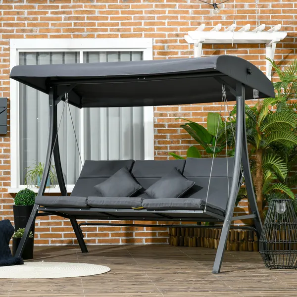 Baloiço de Jardín de 3 Lugares con Toldo Ajustable, Almohadillas, Estructura de Acero, Ideal para Terrazo y Jardín, Capacidad de 320 kg, Cinzento (202x115x168 cm)