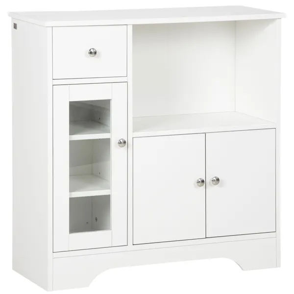 Aparador de Cozinha Moderno com Porta de Vidro Gaveta Prateleira Aberta e Prateleiras Ajustáveis Móvel Auxiliar de Armazenamento para Sala de Jantar Sala de Estar 80x30x82cm Branco