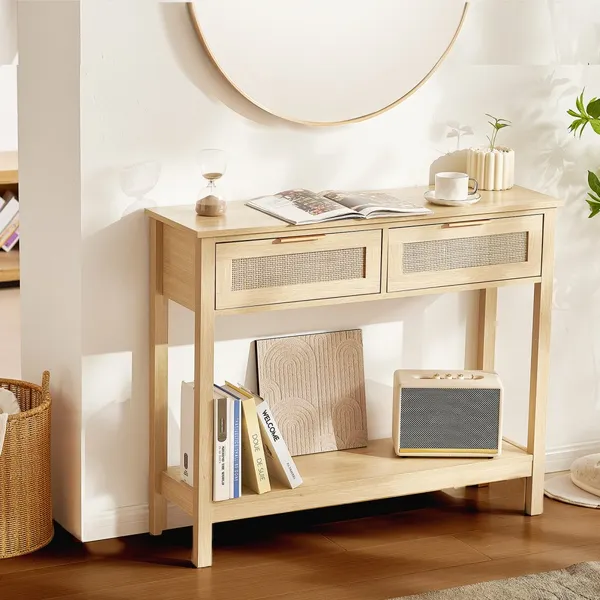 Mesa consola ratan 2 gavetas porta deslizante natural