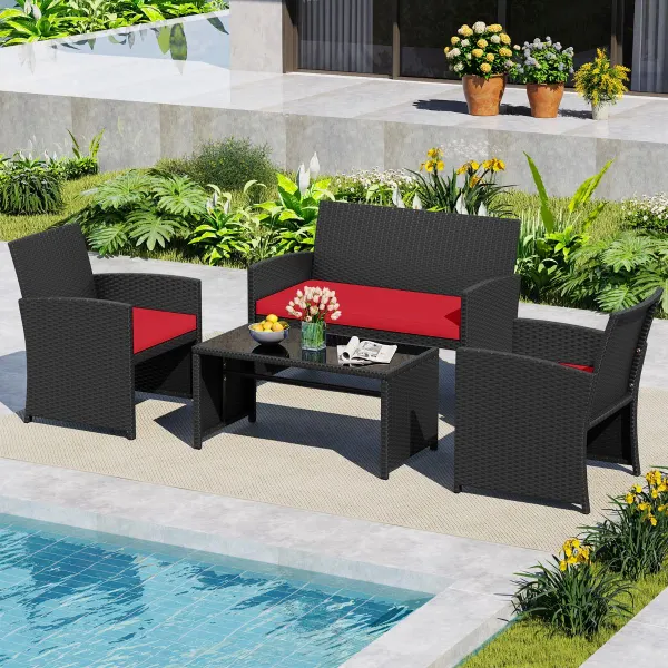 Ensemble Salon de Jardin Rotin 4 Pièces - 2 Fauteuils, Canapé 2 Places, Table Verre Teinté