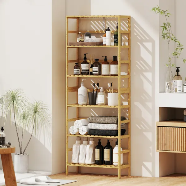 Estante de Bambu de 6 Níveis Estante de Armazenamento Prateleiras Ajustáveis Estante Estreita para Espaços Pequenos Casa de Banho Sala de Estar e Cozinha 60x26x161 cm Madeira