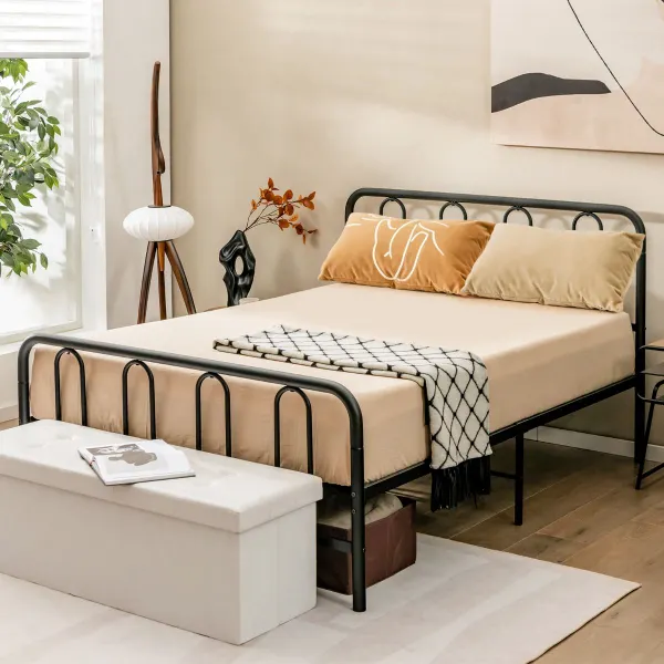 Cama Metálica com Cabeceiro e Pé de Cama Moderna com Arrumação Inferior Preto