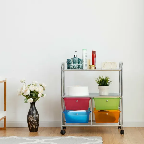 Carrito Auxiliar con 4 Cajones Apilables y 2 Estantes 4 Ruedas Organizador para Cocina Baño Oficina 58,5 x 37 x 75 cm
