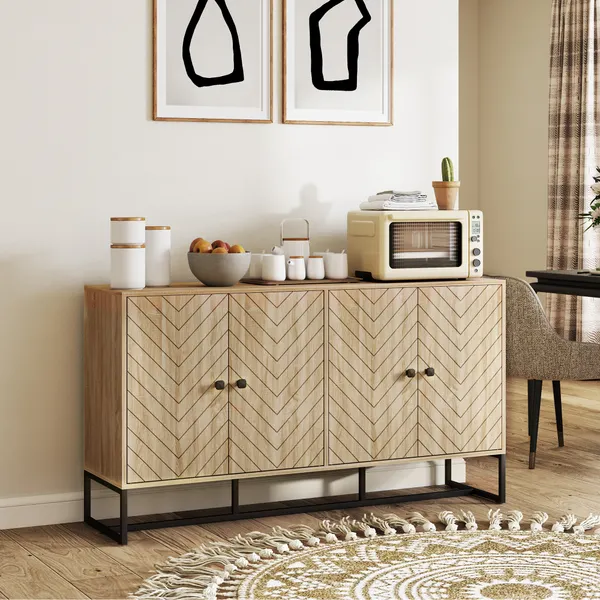 Aparador de 4 Puertas con Diseño Chevron Aparador de Sala con Prateleiras Ajustables Pés de Acero para Cocina Entrada Cuarto 140,5x40x81,5 cm Carvalho
