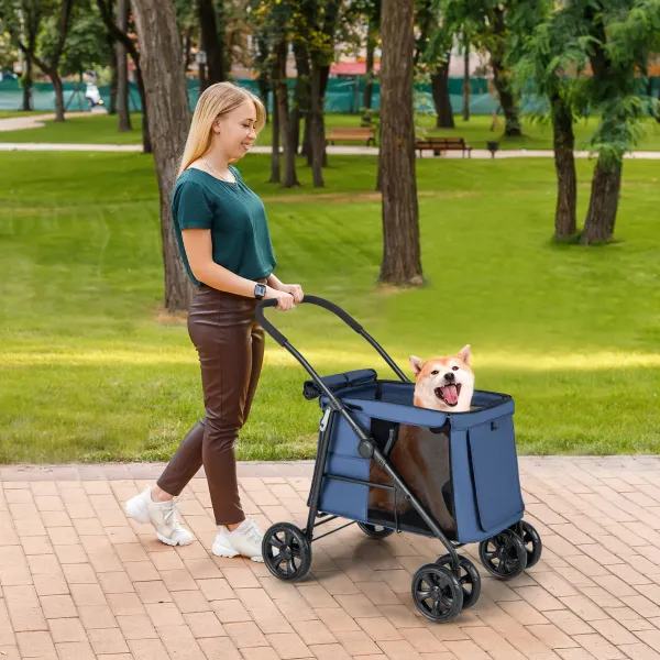 Poussette Pliable 1 Bouton 4 Roues Animaux Petits/Moyens Transport Portable Chiens Maille Respirante
