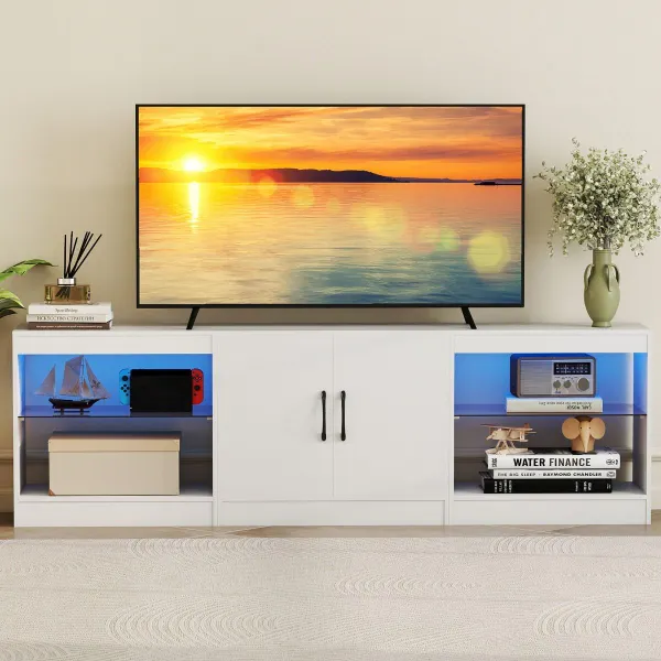 Móvel Modular para TV até 85" Centro Entretenimento 3 em 1 LED RGB e Vidro Ajustável Branco