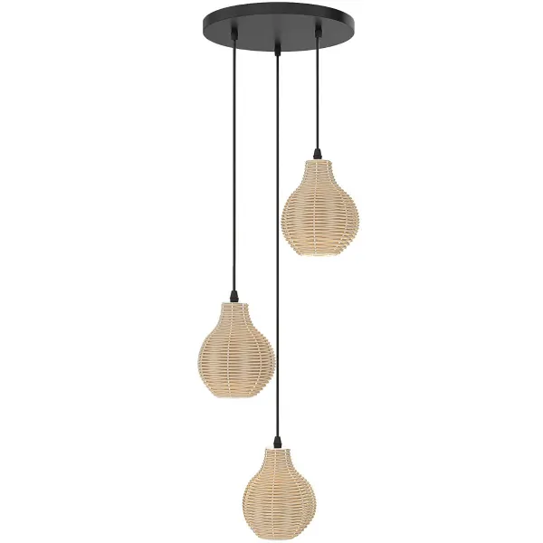 Candelabro Suspenso Boho de Ratã com 3 Luzes, Tecido à Mão, Altura Ajustável Beige