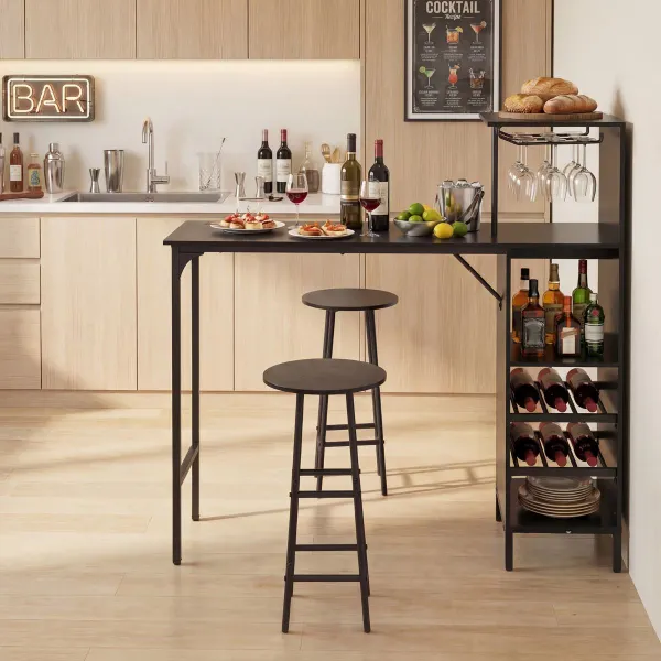 Conjunto de 3 Peças Mesa e Bancos de Bar Industriais com Suportes para Copos