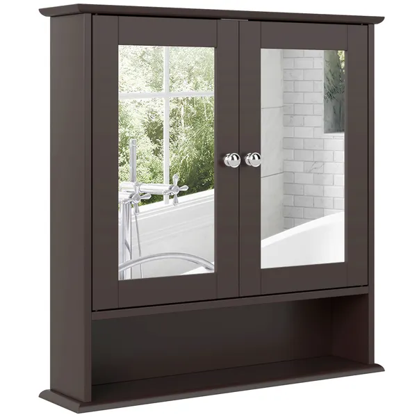 Armário de Casa de Banho com Espelho, Armário de Parede com 2 Portas, Prateleira Aberta e Ajustável, Móvel de Banho Suspenso para Cozinha e Sala, 56x13x58 cm, Castanho Escuro