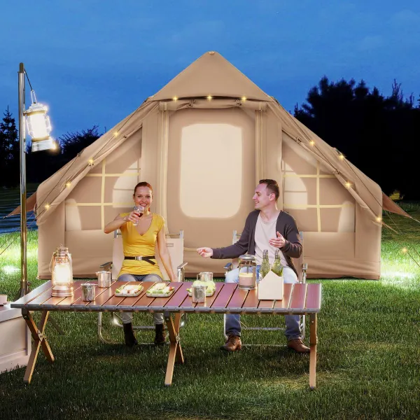 Tente Gonflable 4-6 Personnes avec 4 Fenêtres Maille 2 Puits de Lumière Aération Supérieure Beige