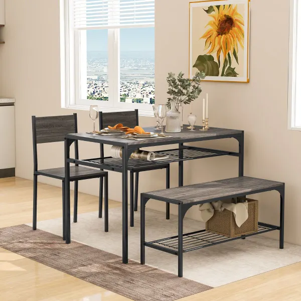 Conjunto Mesa de Reunião Industrial 4 Peças com 2 Cadeiras, Banco e Estantes