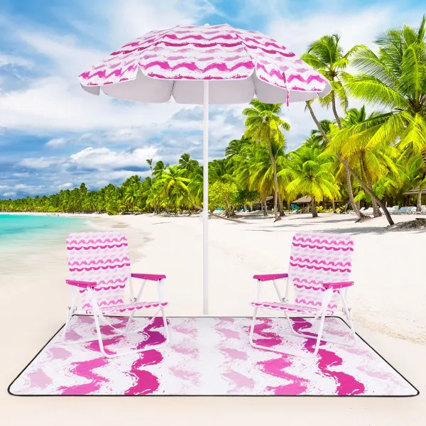 Conjunto Praia com Chapéu de Sol, 2 Cadeiras Dobráveis e Manta | Parasol Portátil Rosa