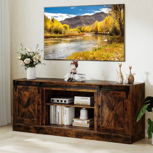 Móvel TV Estilo Rústico 150 cm com Portas Corredeiras e 3 Prateleiras Ajustáveis para TVs até 70"