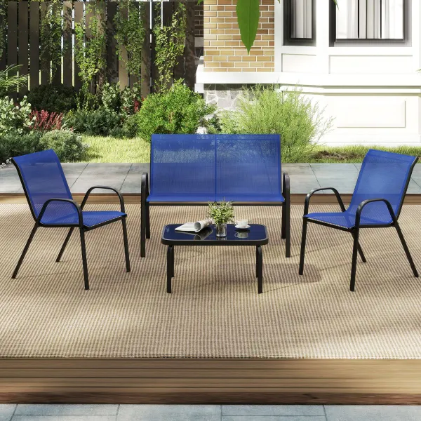 Conjunto Jardín 4 Piezas Mesa Vidrio Templado Banco 2 Sillas Textileno Azul