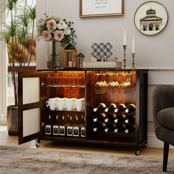 Meuble Bar à Vins avec Éclairage LED - Buffet Cuisine Étagères Ajustables