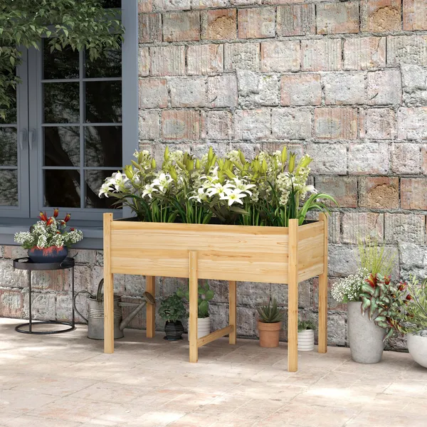 Horto Urbano Elevado Mesa de Cultivo em Madeira 115x55x80 cm Floreira de Cultivo com Tecido Não Tecido Carga 100 kg para Plantas, Flores e Legumes Natural