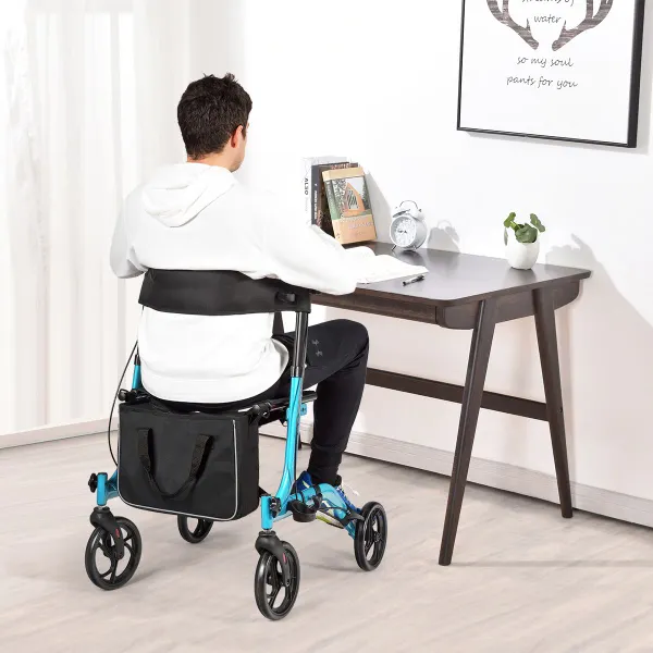 Andador Dobrável de Alumínio Ajustável com Assento e Bolsa 74x54x82-95cm Azul