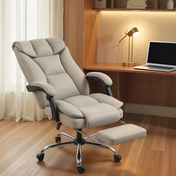 Cadeira de Escritório com Apoio para os Pés Giratória Cadeira para Secretária com Encosto Reclinável Acolchoado Duplo Espesso Revestida em Couro Sintético e Altura Ajustável 66x72x113-121 cm Caqui