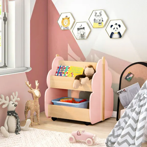 Libreria Bambini in Legno con Ruote Forma Albero 2 Livelli 52 x 46 x 62,5 cm