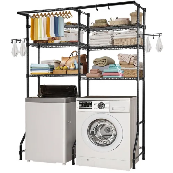 Prateleiras roupa 6 níveis barra cabideiro preto