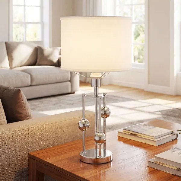 Luminária de Mesa Moderna Base E27 Ecrã Linho Bolas Decorativas