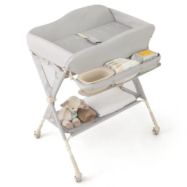Mesa de Cambio de Pañales Plegable para Bebé con Cesta de Almacenaje y Ruedas 3 Alturas Ajustables Gris