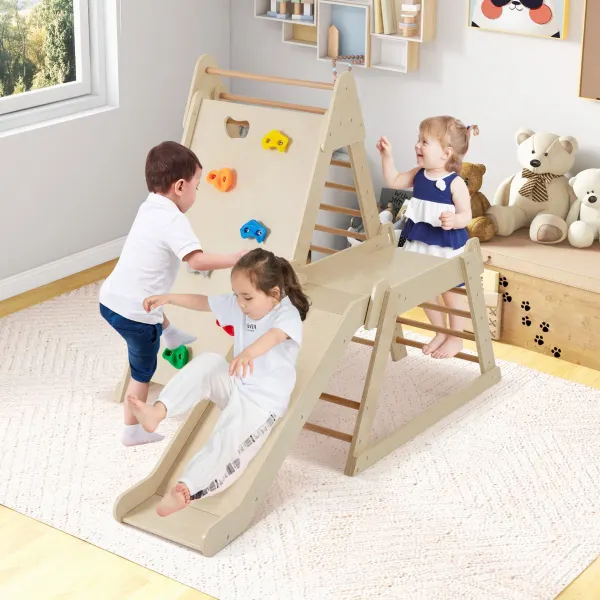 Ensemble Escalade Intérieure 3 en 1 avec Toboggan Mur Escalade et Échelle Bois pour Chambre Enfants Naturel
