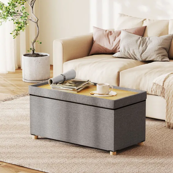 Banco Otomana Almacenaje 76cm Tela Lino con Bandeja Patas Madera Caucho para Salón Dormitorio Entrada Gris